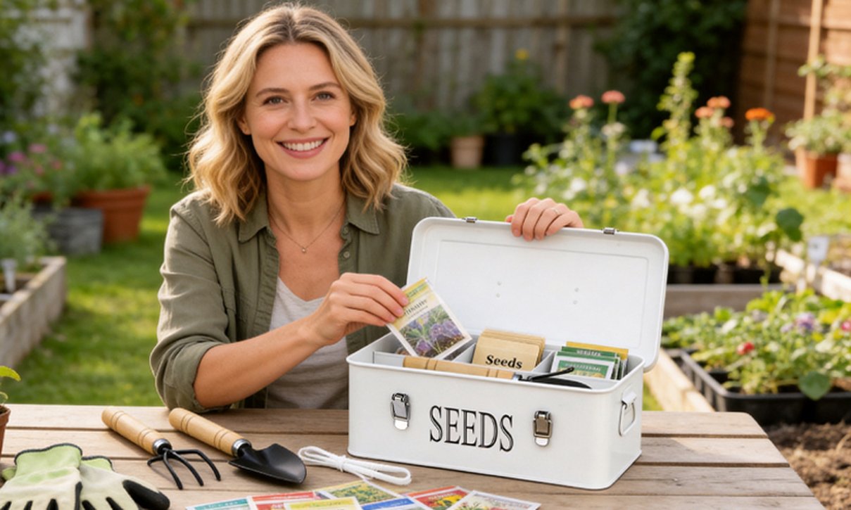 Gardener organizing seed packets in a VylosAura seed box